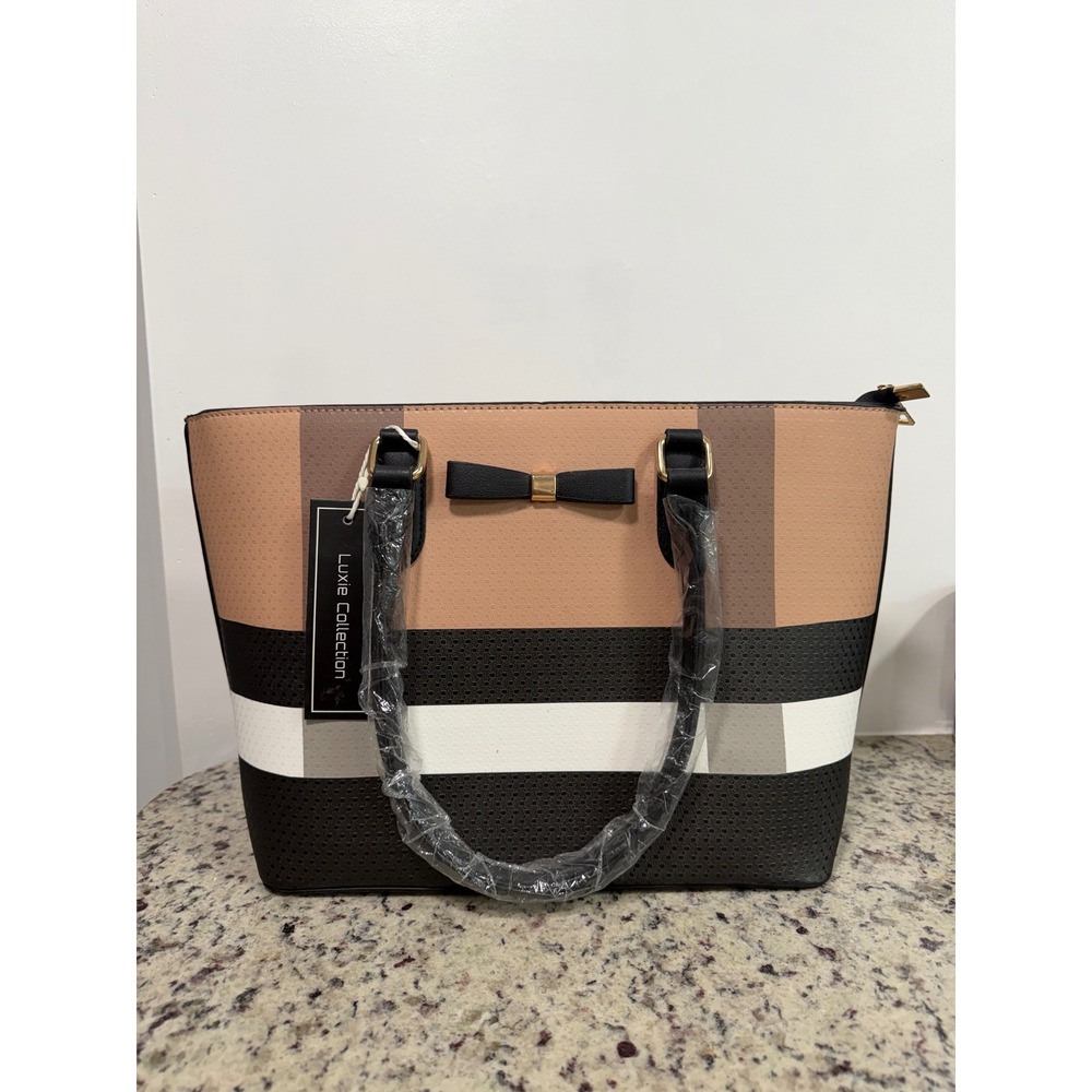 Luxie Collection Women Tan Black White Colorblock Bow Tote Bag Handbag NEW